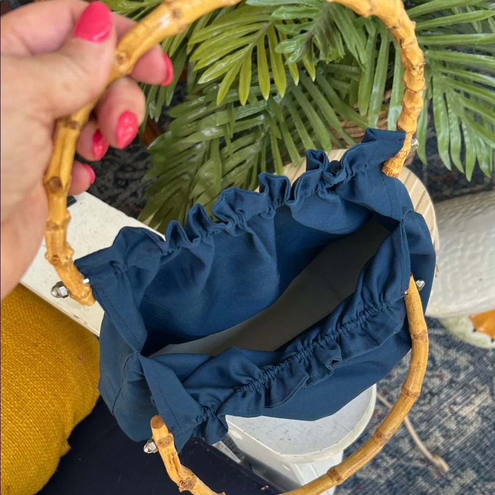 Vintage 70’s Navy Bag with Hand-Painted Strawberries & Bamboo Handles - Picture 9 of 10